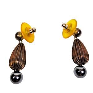 Vintage Grooved Cylinder Tear Drop Earrings Dangle and Beaded Fancy Estate